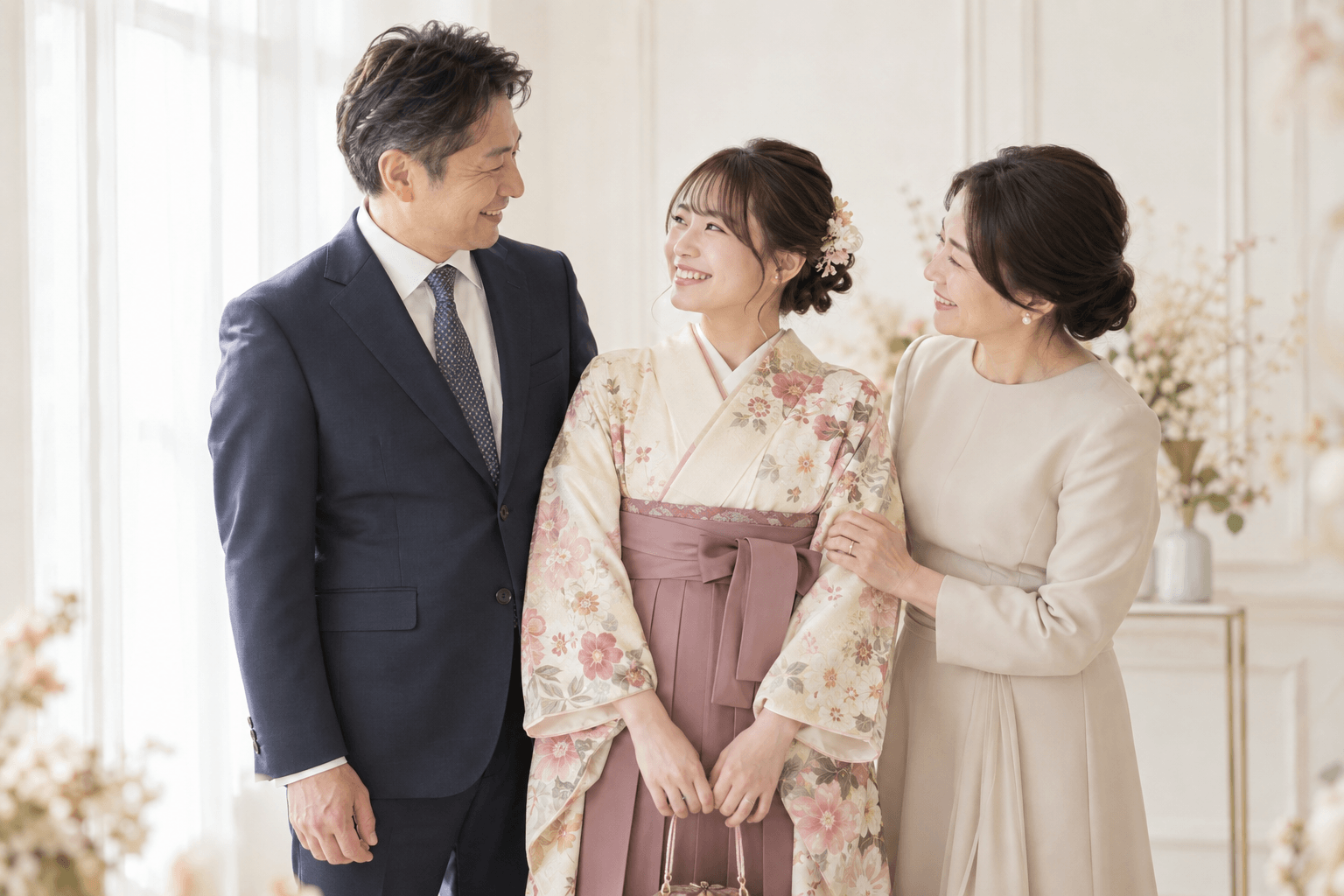 袴姿の卒業生と両親が笑顔を交わす家族記念写真のイメージ
