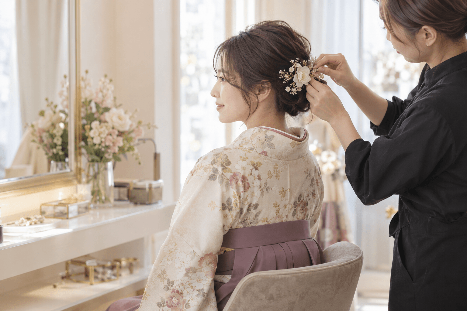 卒業式の袴姿に合わせて髪飾りとヘアセットを仕上げるイメージ