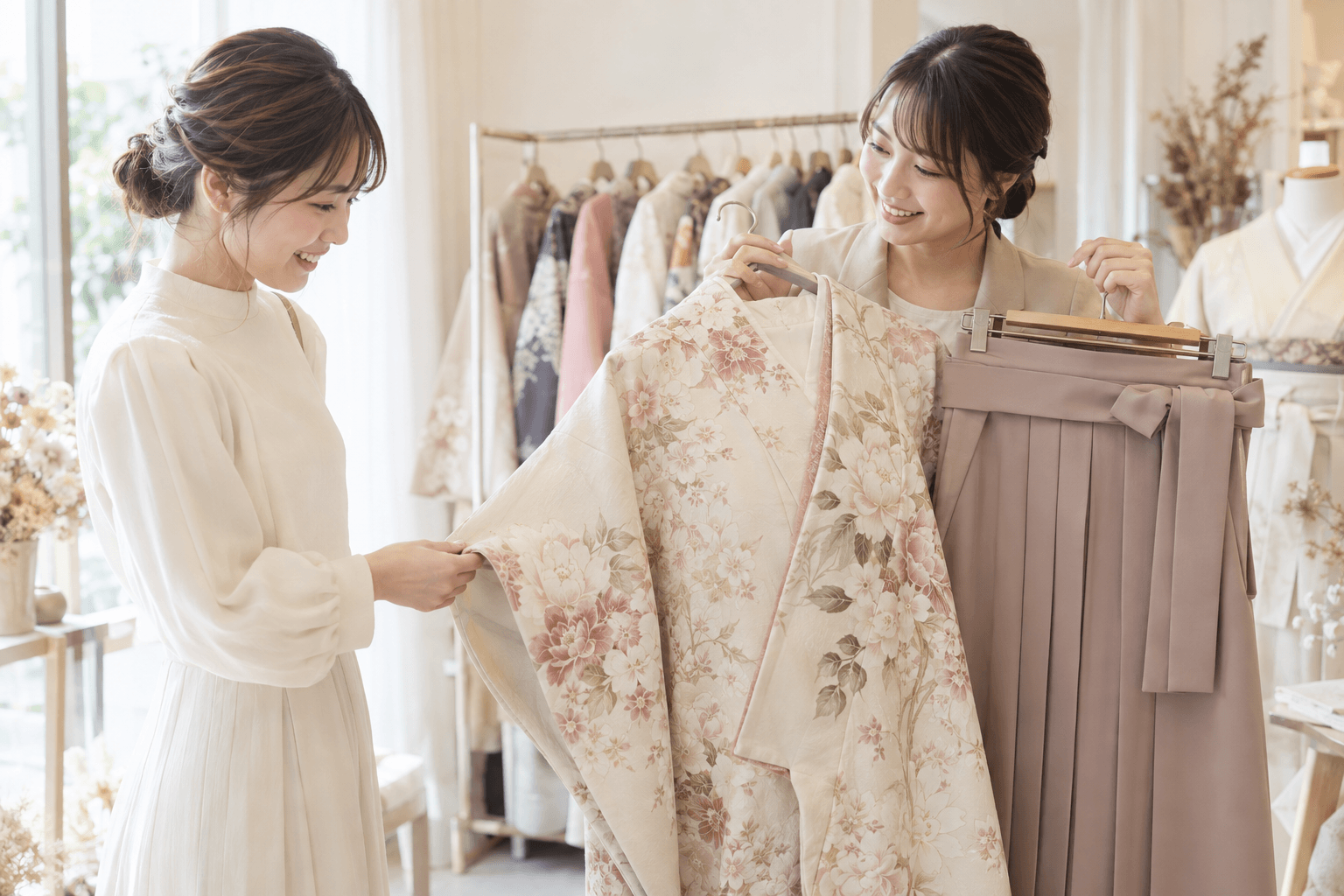 スタッフと卒業式の着物や袴の組み合わせを選ぶイメージ