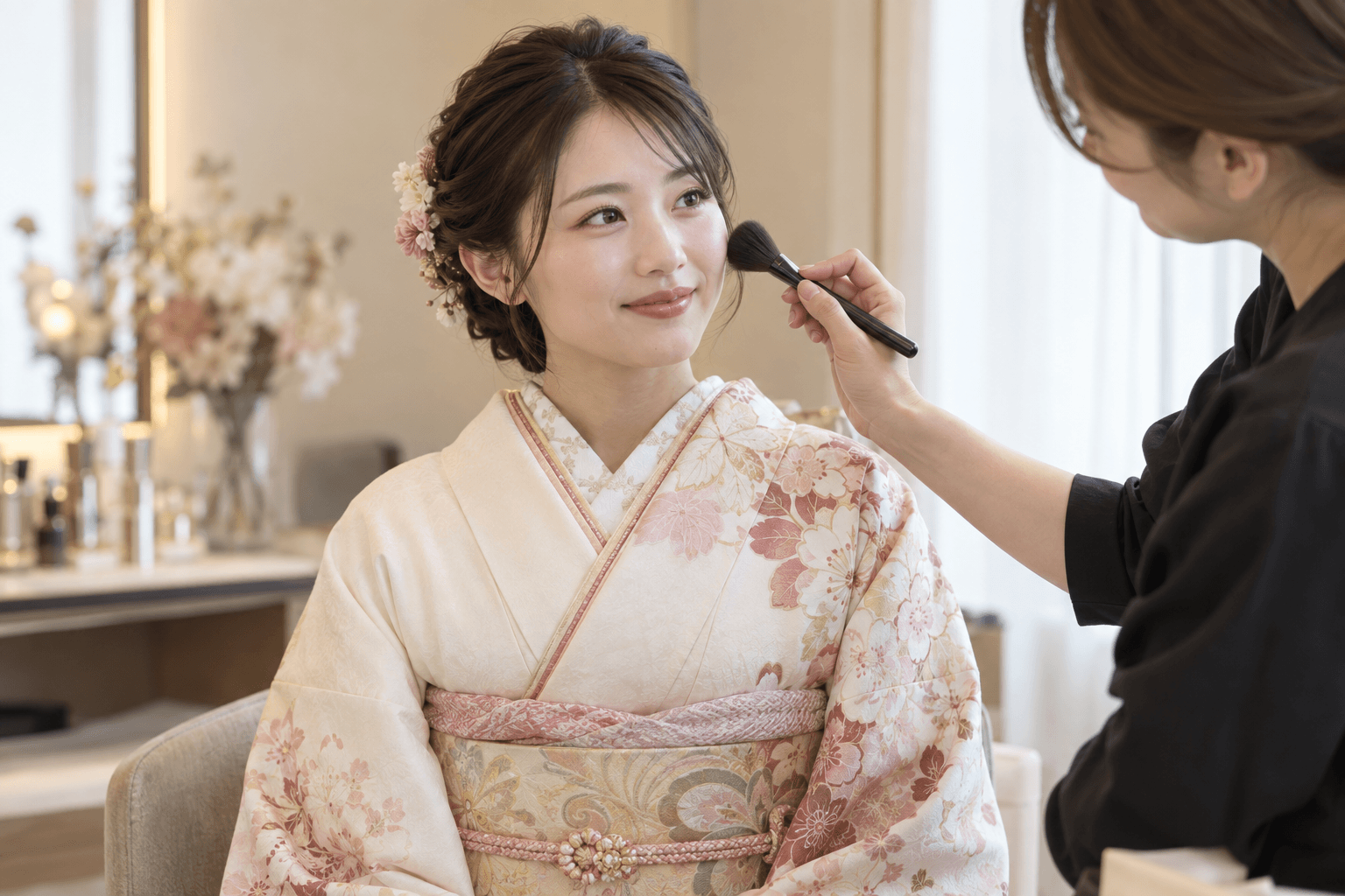 AI生成による成人式当日お支度のイメージ画像。実際のお客様・店舗の写真ではありません。