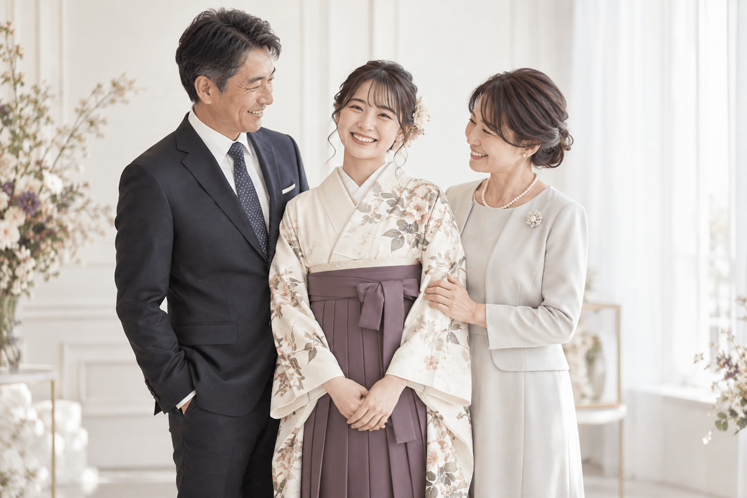 卒業袴姿の女性と両親の記念写真を表現したAI生成イメージ。実際のお客様・取扱衣装・店舗の写真ではありません。